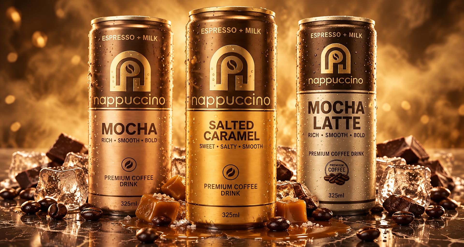 Chilled Nappuccino Mocha, Salted Caramel and Mocha Latte cans with ice, caramel and coffee beans on a wet surface