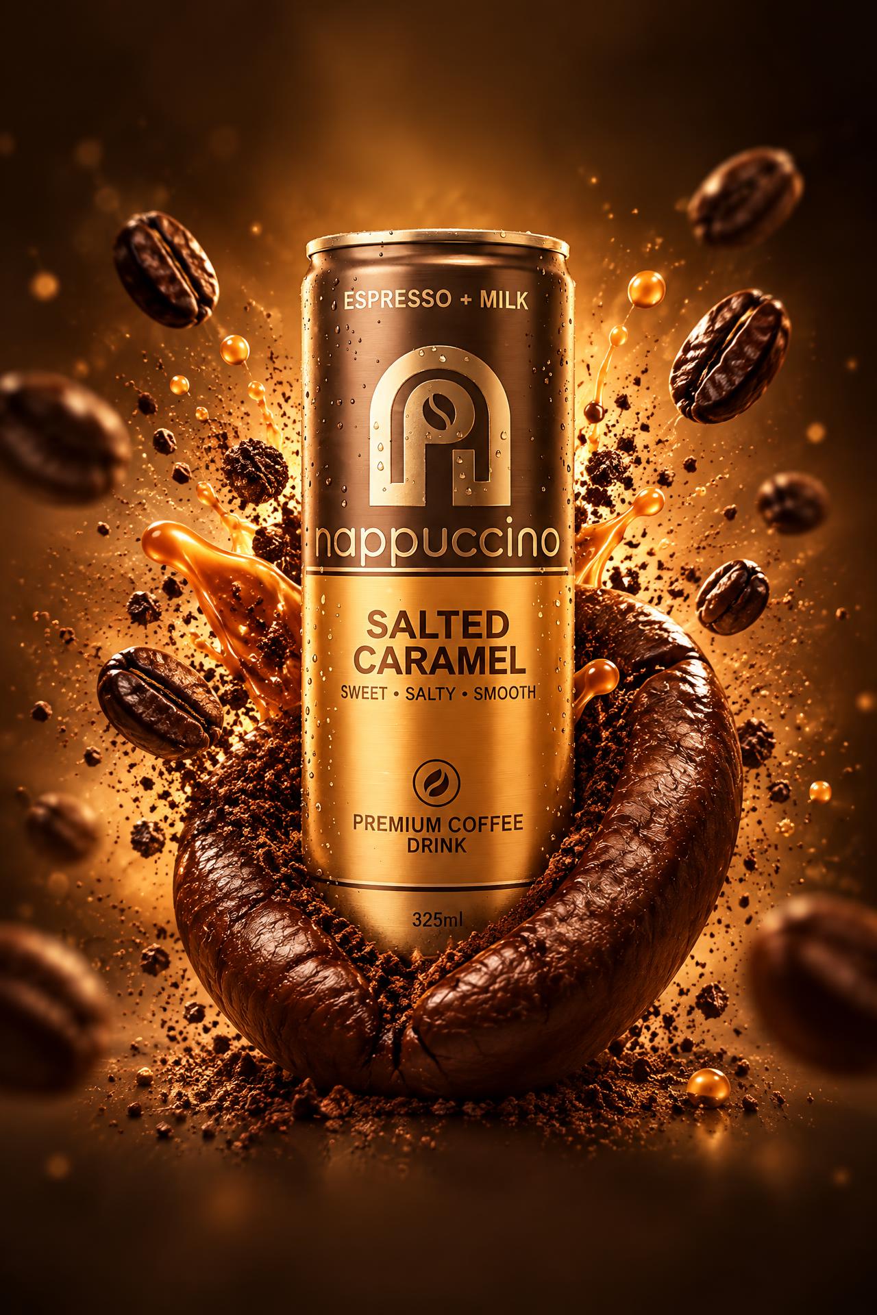 Nappuccino Salted Caramel can cradled in a giant curled coffee bean with caramel splashes and floating beans